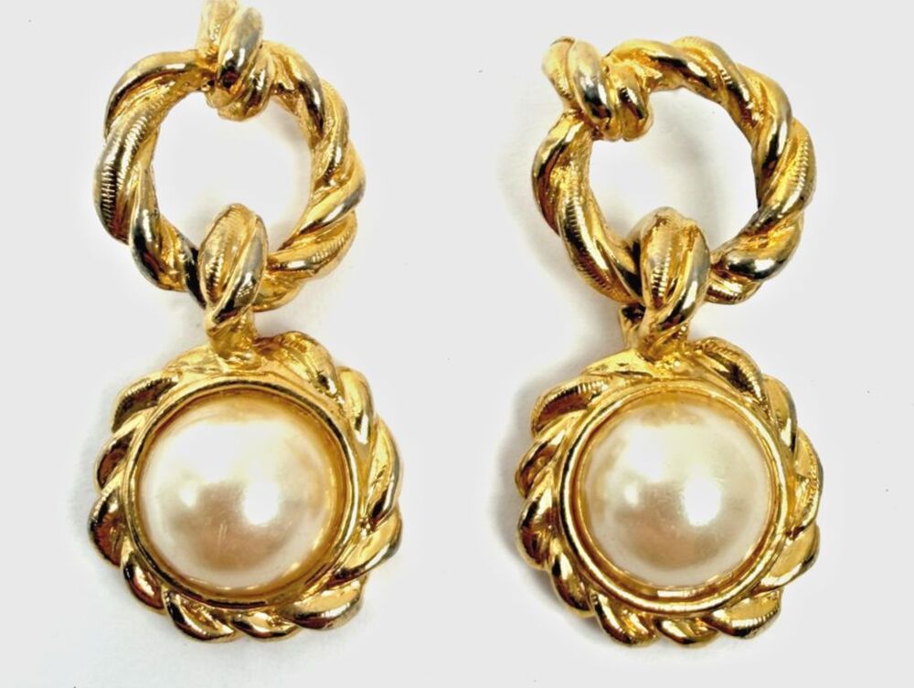 Vintage Anne Klein Gold Rope Twist Pearl Drop Dangle Earrings Statement 1980s